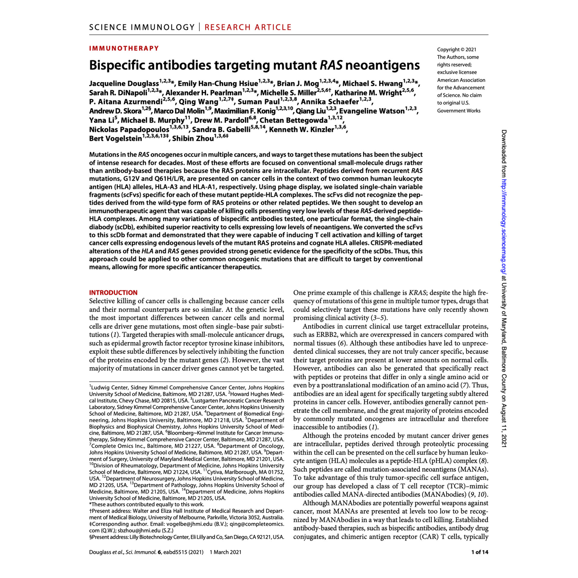 Science Immunology. 2021 Mar 1;6(57):eabd5515. Bispecific antibodies targeting mutant RAS neoantigens.