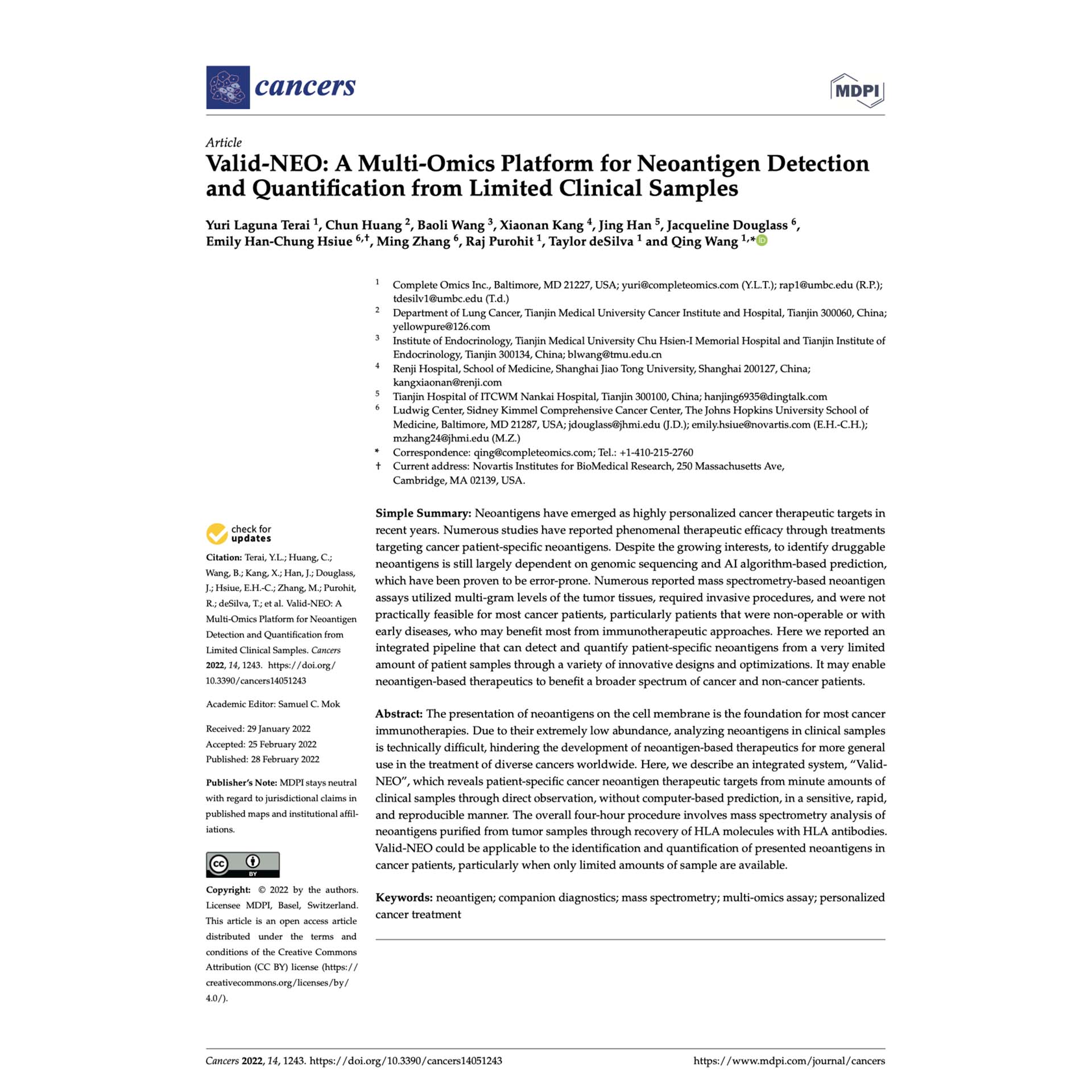 Cancers. 2022 Feb 28;14(5):1243. Valid-NEO: A Multi-Omics Platform for Neoantigen Detection and Quantification from Limited Clinical Samples.