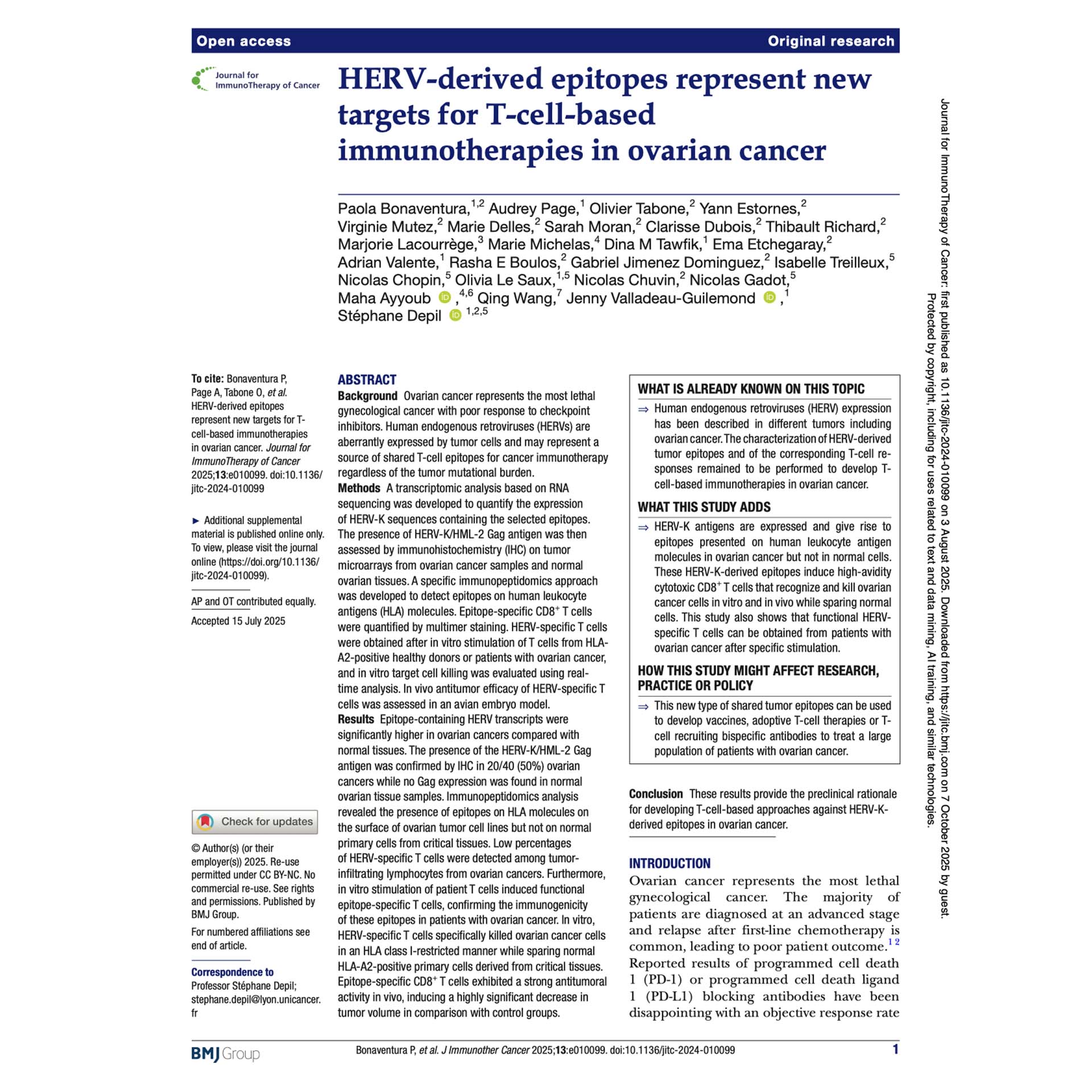 Journal for Immunotherapy of Cancer. 2025 Aug 3;13(8):e010099. HERV-derived epitopes represent new targets for T-cell-based immunotherapies in ovarian cancer. 