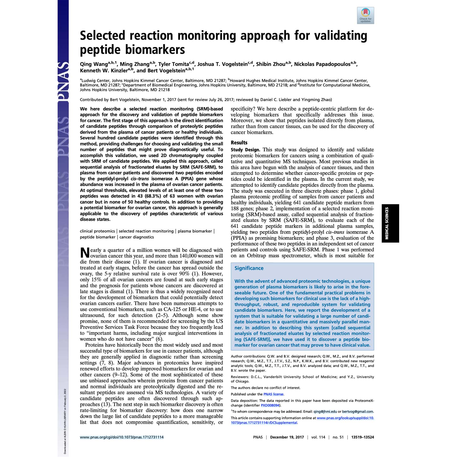 Proc Natl Acad Sci U S A. 2017 Dec 19;114(51):13519-13524. Selected reaction monitoring approach for validating peptide biomarkers.