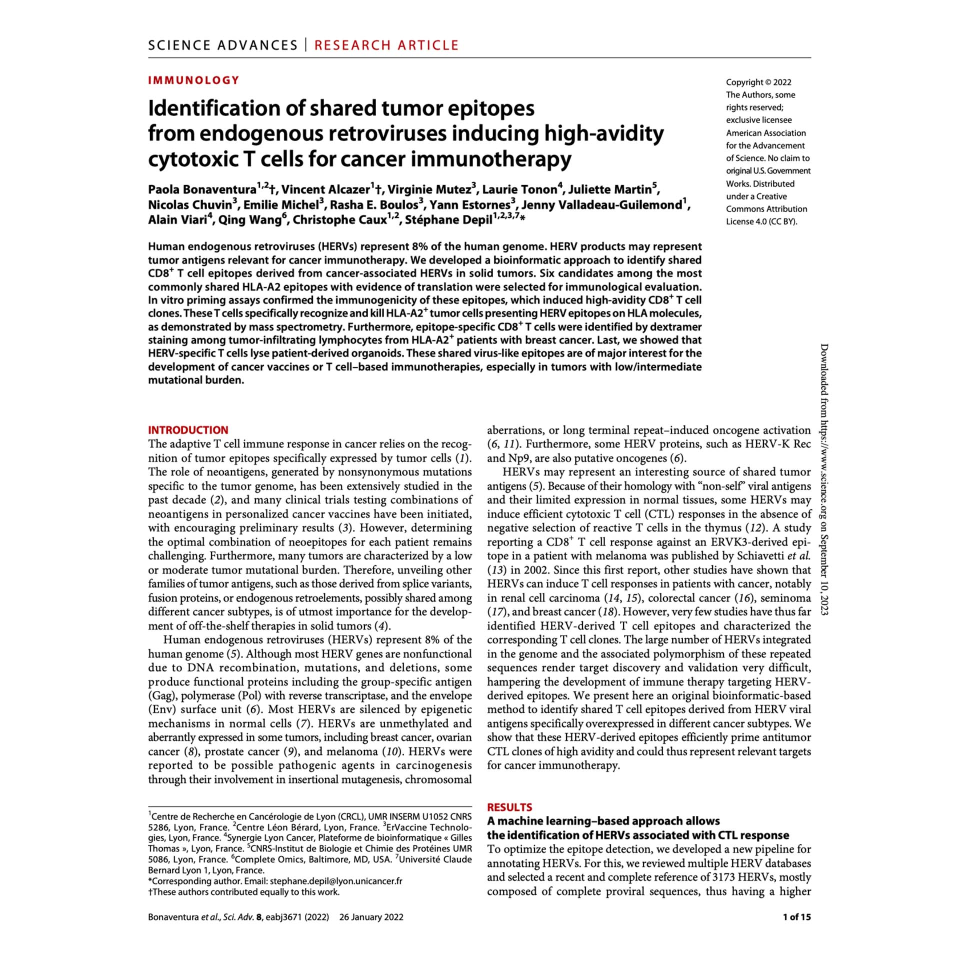 Science Advances. 2022 Jan 28;8(4):eabj3671. Identification of shared tumor epitopes from endogenous retroviruses inducing high-avidity cytotoxic T cells for cancer immunotherapy.
